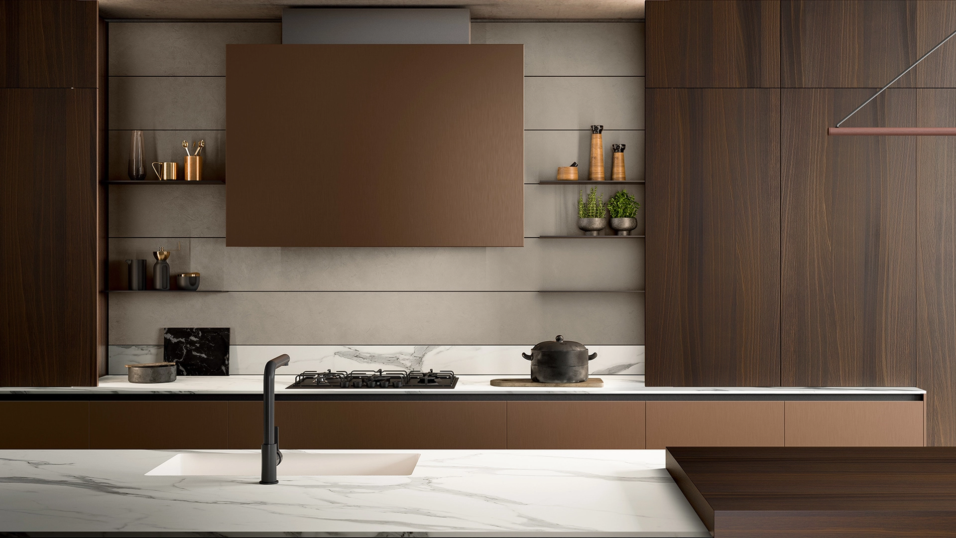 cuisine armony marron plan de travail marbre blanc