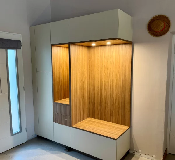 meuble d'entrée contemporain laque mat lin et bois